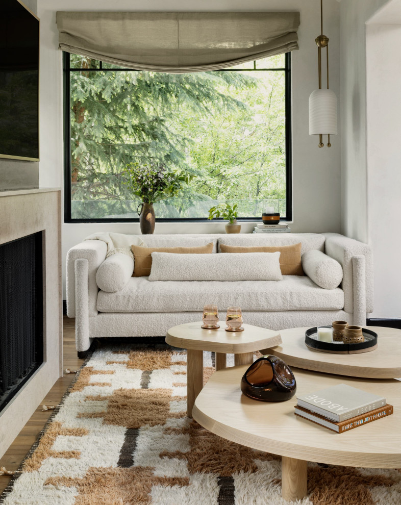 This is an example of a mid-sized modern open concept living room in Denver with white walls, medium hardwood floors, a standard fireplace, a wall-mounted tv, a plaster fireplace surround and brown floor.