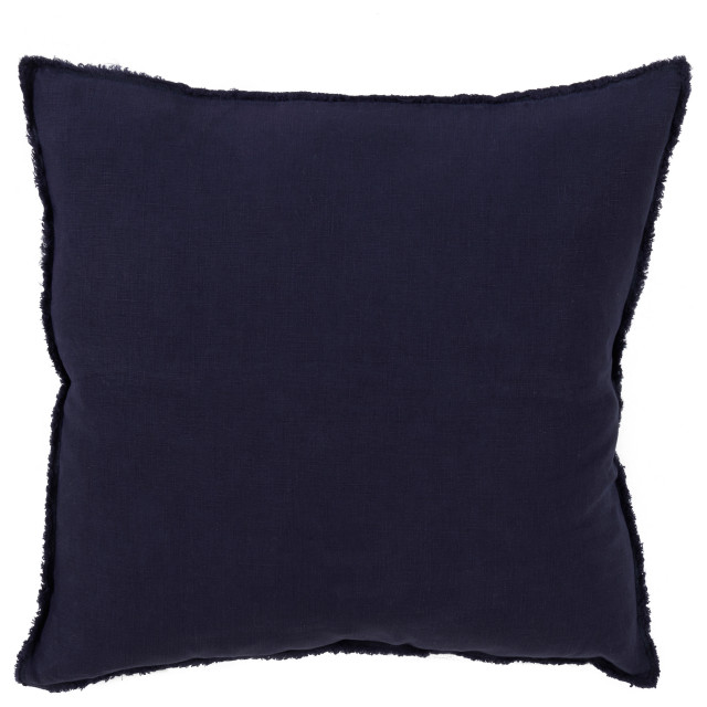 Fringed Design Linen Throw Pillow, Midnight Blue, 20", Down Filled
