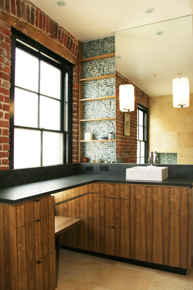 Photo of an industrial bathroom in San Francisco with mosaic tile.
