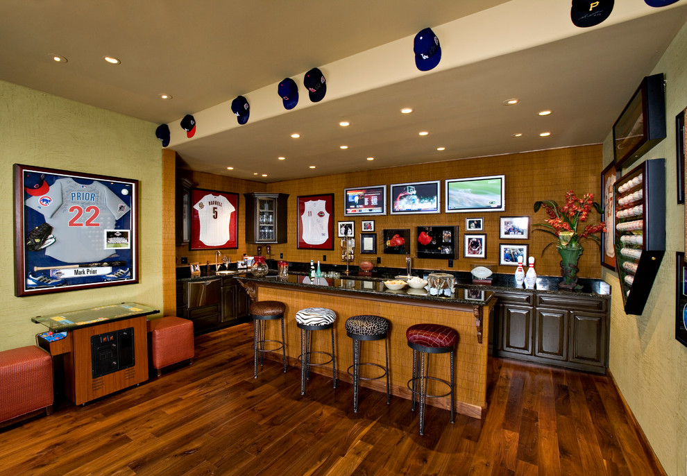 Large eclectic dark wood floor home bar photo in Phoenix with dark wood cabinets