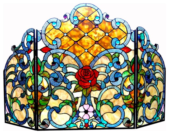 Chloe Lighting Tiffany Glass 3 Piece Folding Victorian Fireplace Chloe Lighting Tiffany Glass 3 Piece Folding Victorian Fireplace Screen