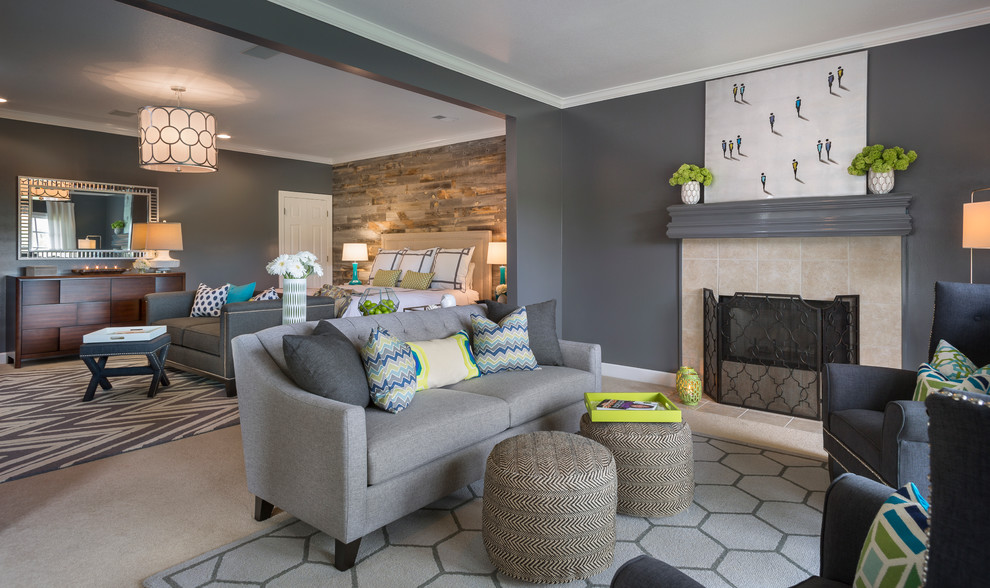 Inspiration for a large transitional master bedroom in San Francisco with grey walls, carpet, a standard fireplace and a tile fireplace surround.