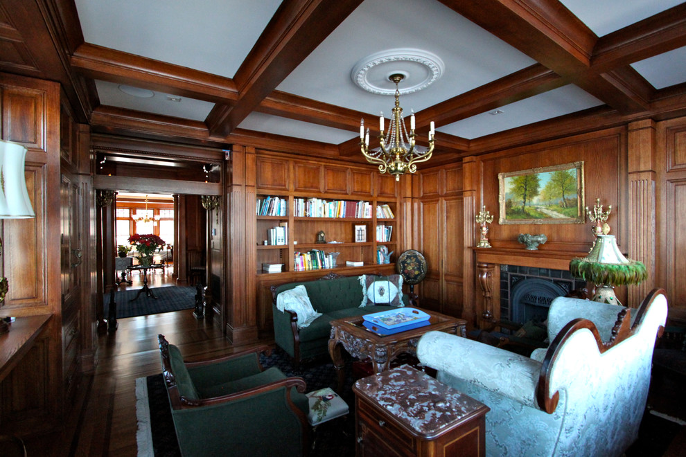 Mid-sized ornate formal and enclosed medium tone wood floor living room photo in Minneapolis with brown walls, a standard fireplace and a tile fireplace
