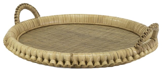 Large Retro Round Natural Rattan Tray, Large Round Basket Tray