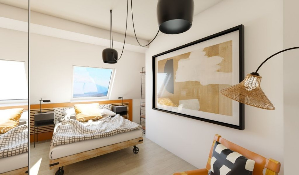 Imagen de dormitorio tipo loft y blanco y madera exótico de tamaño medio sin chimenea con parades naranjas, suelo laminado, suelo marrón y madera
