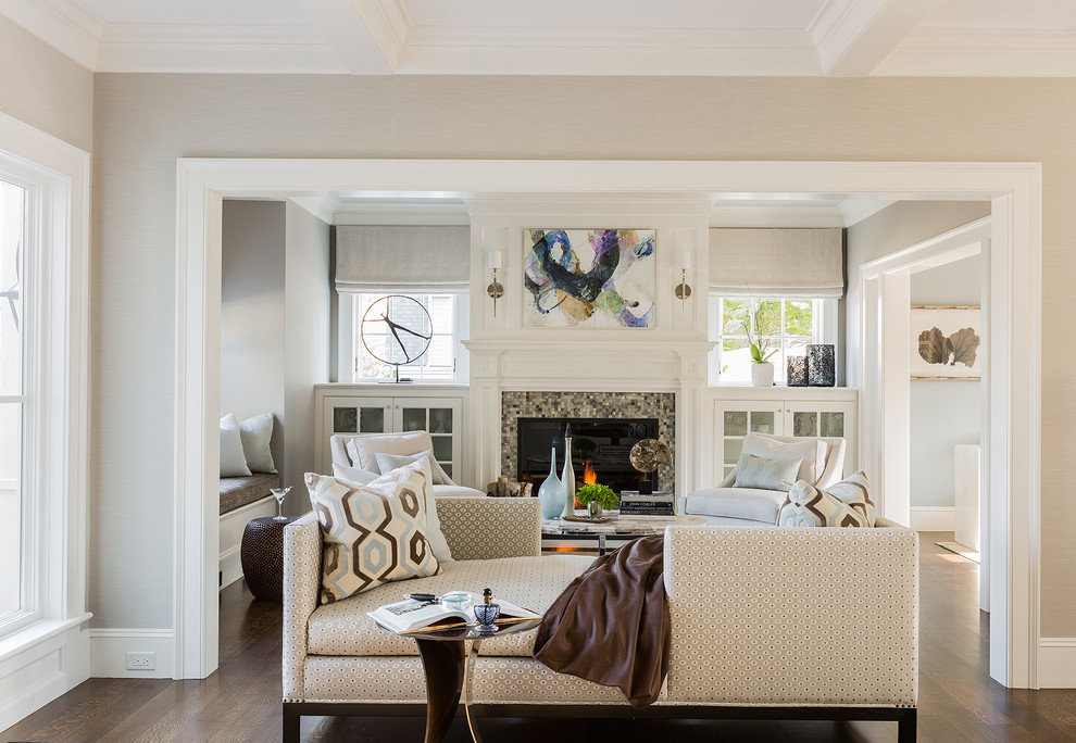 Example of a small transitional formal and enclosed dark wood floor living room design in Boston with beige walls, a tile fireplace and no tv