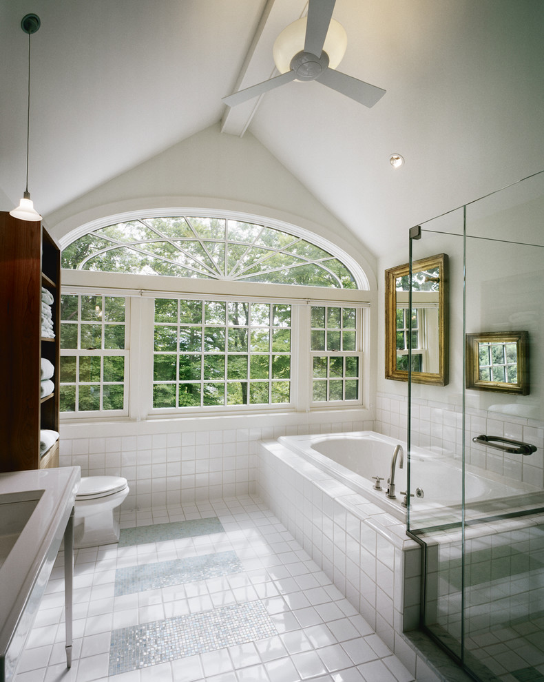 Design ideas for a country bathroom in Boston with mosaic tile.