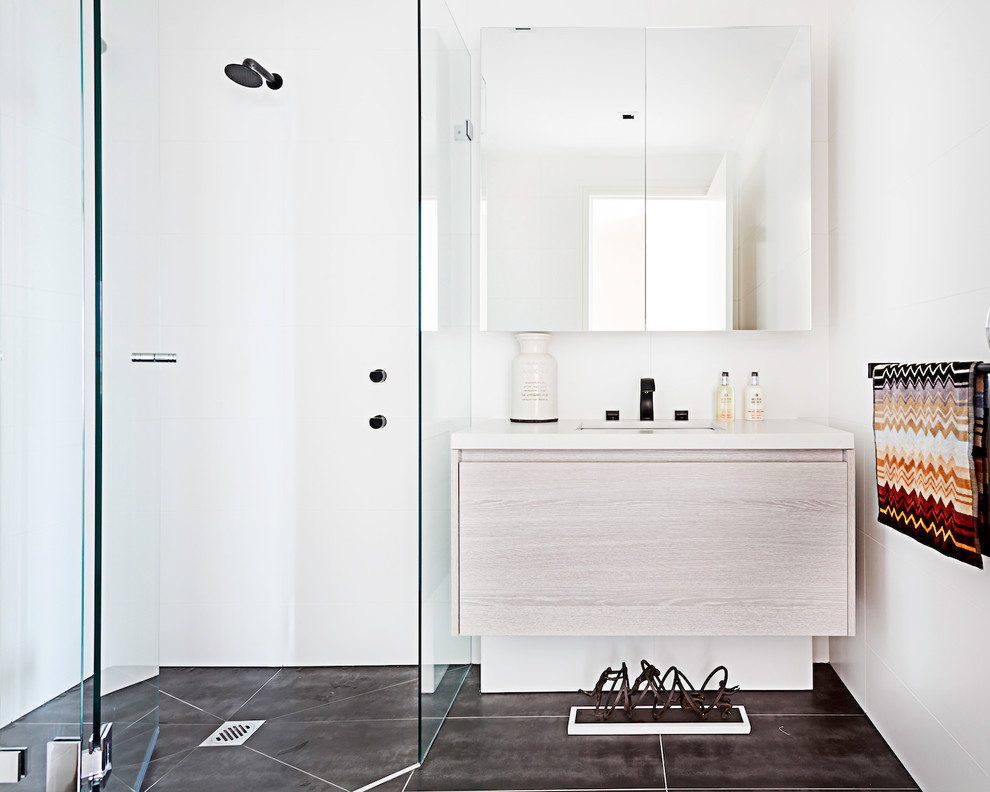 Inspiration for a large contemporary bathroom in Melbourne with beaded inset cabinets, white cabinets, a drop-in tub, an open shower, white tile, ceramic tile and engineered quartz benchtops.