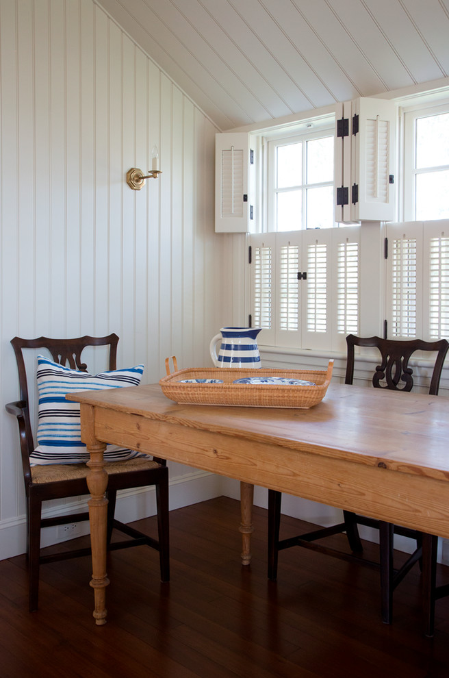 Design ideas for a mid-sized beach style separate dining room in Boston with white walls and dark hardwood floors.