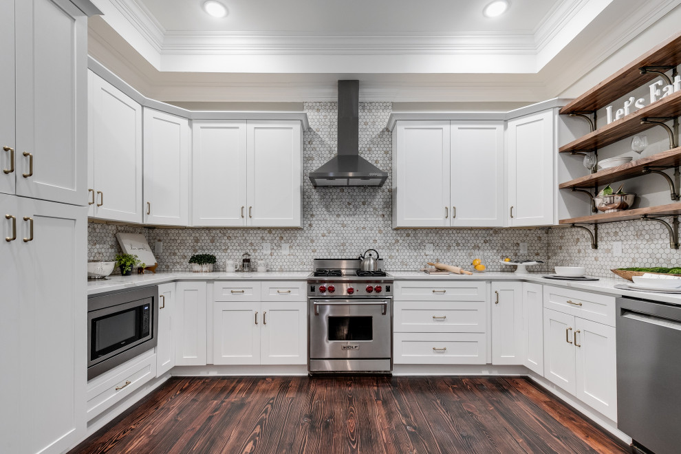 Example of a large transitional u-shaped brown floor kitchen design in Richmond with shaker cabinets, white cabinets, gray backsplash, porcelain backsplash, stainless steel appliances, no island and gray countertops