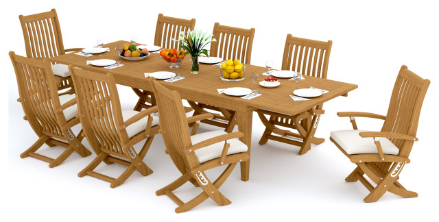 9-Piece Outdoor Teak Dining Set, 122" Rectangle Table, 8 Warwick Arm Chairs