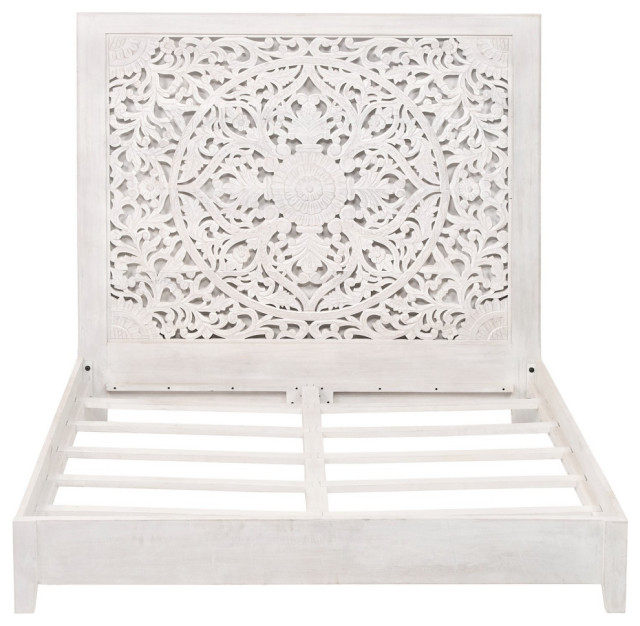 Queen HEADBOARD Tall Distressed White Wash Wood Hand Carved Lace