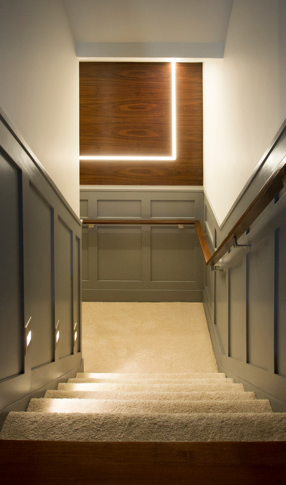 Mid-sized transitional carpeted l-shaped staircase in Boston with carpet risers.
