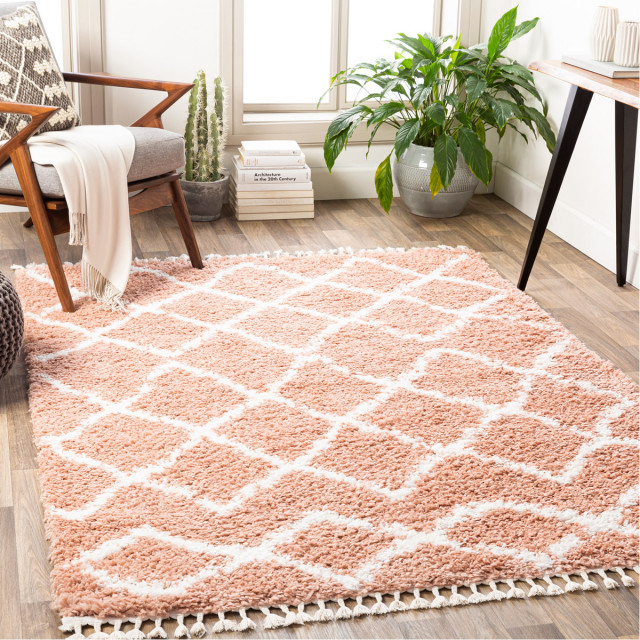 California Shag Area Rug, 7x9, Pale Pink/White Scandinavian Area