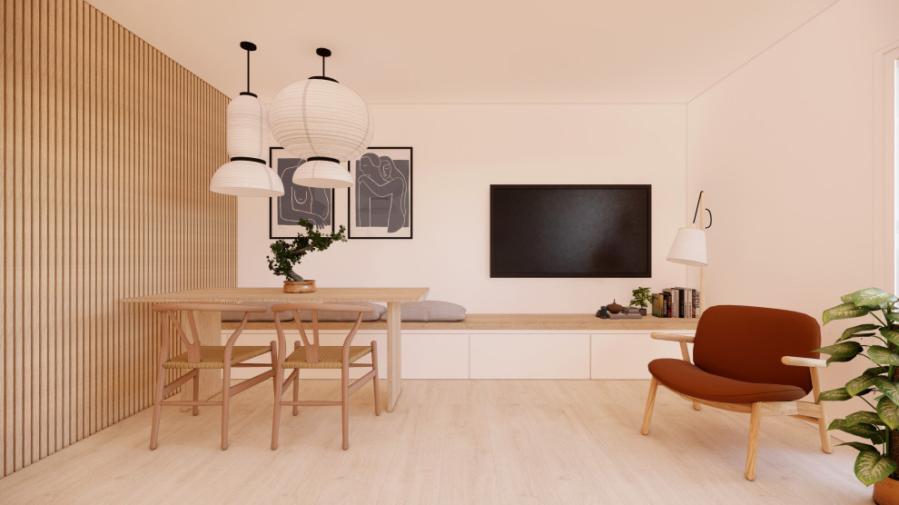 Inspiration pour une salle à manger ouverte sur le salon design de taille moyenne avec un mur blanc, parquet clair et un sol beige.