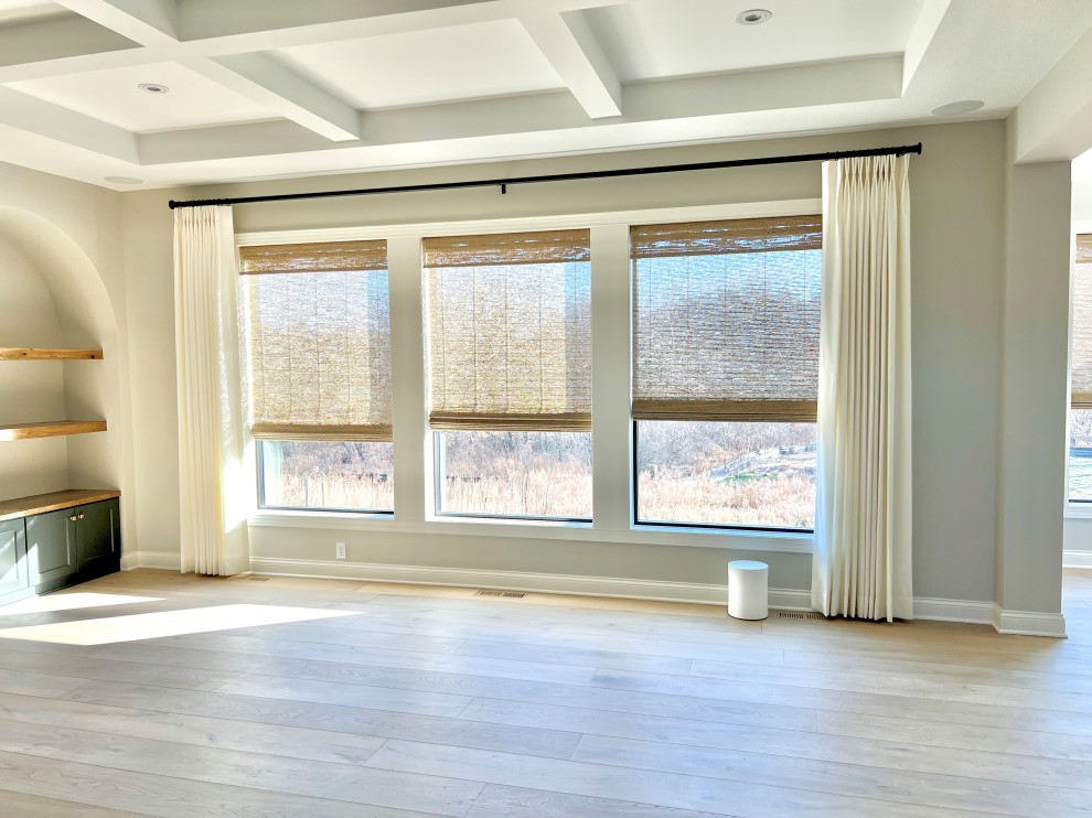 1.5 Width, Stationary Drapery Panels with Woven Woods Light Filtering Shades