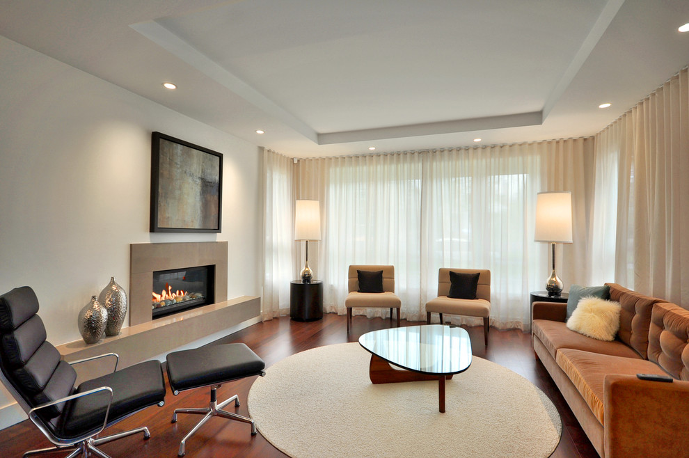 Design ideas for a large contemporary living room in Vancouver with a ribbon fireplace.