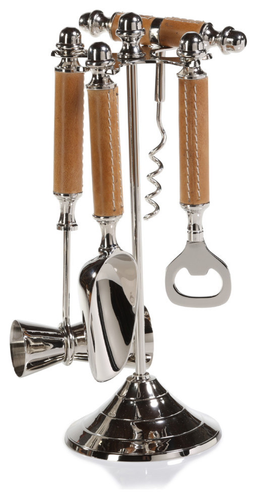 Polished Nickel and Leather Bar Tool Set Transitional Cocktail