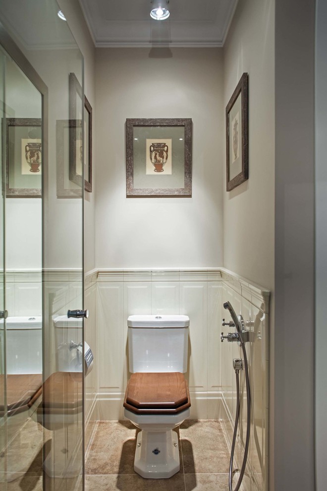 Design ideas for a transitional powder room in Moscow with a two-piece toilet and grey walls.