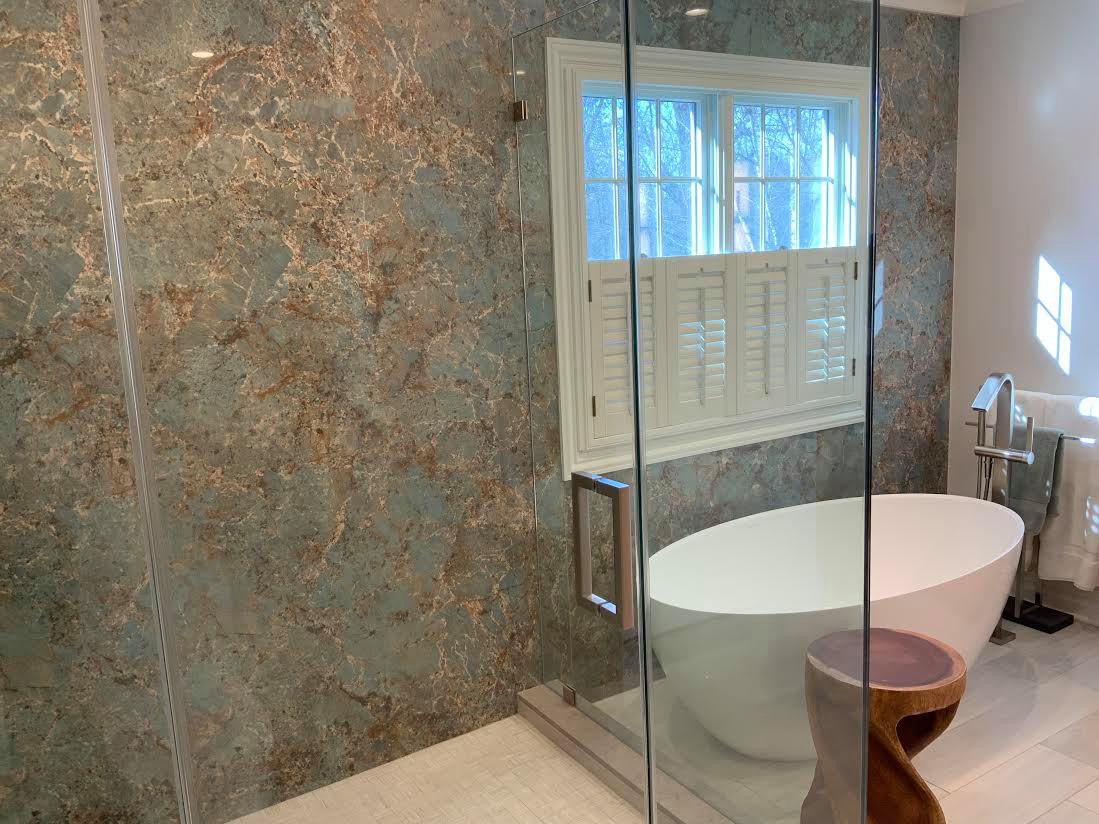 Stunning Transitional Bathroom - Imported Spanish Quartz Slabs & Bamboo Vanity