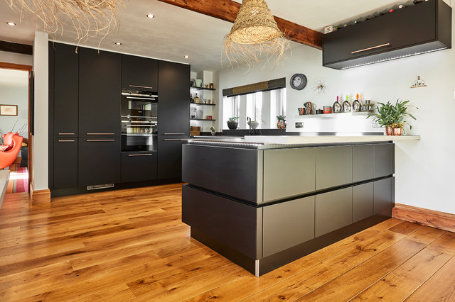 Handle Less Black Kitchen With Copper Accents Bespoke Concrete Breakfast Bar Modern Kitchen Other By Arlington Interiors