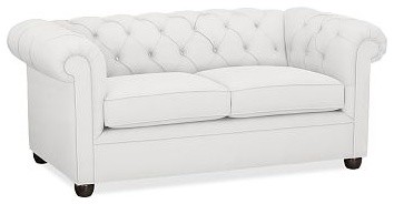 Chesterfield Upholstered Love Seat, Polyester Wrap Cushions, Washed Linen/Cotton
