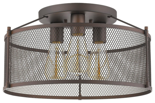3 Light Industrial Semi-Flush Lighting Fixture in Oil Rubbed Bronze ...