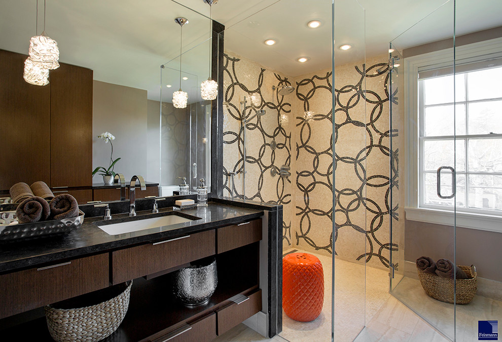 Mid-sized contemporary master bathroom in Boston with porcelain floors, brown walls, an undermount sink, dark wood cabinets, furniture-like cabinets, beige tile, granite benchtops, a curbless shower and cement tile.