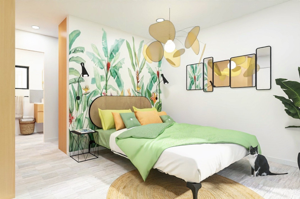 Imagen de dormitorio actual con papel pintado