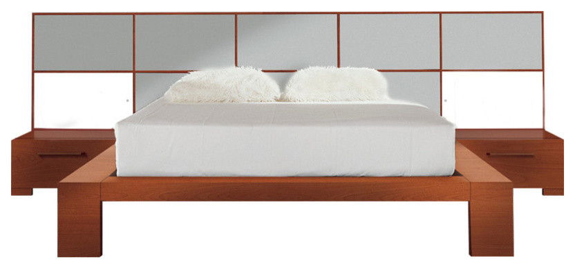 Wynd Bed With Nightstands, Cherry Wood With Silver Gloss Panel