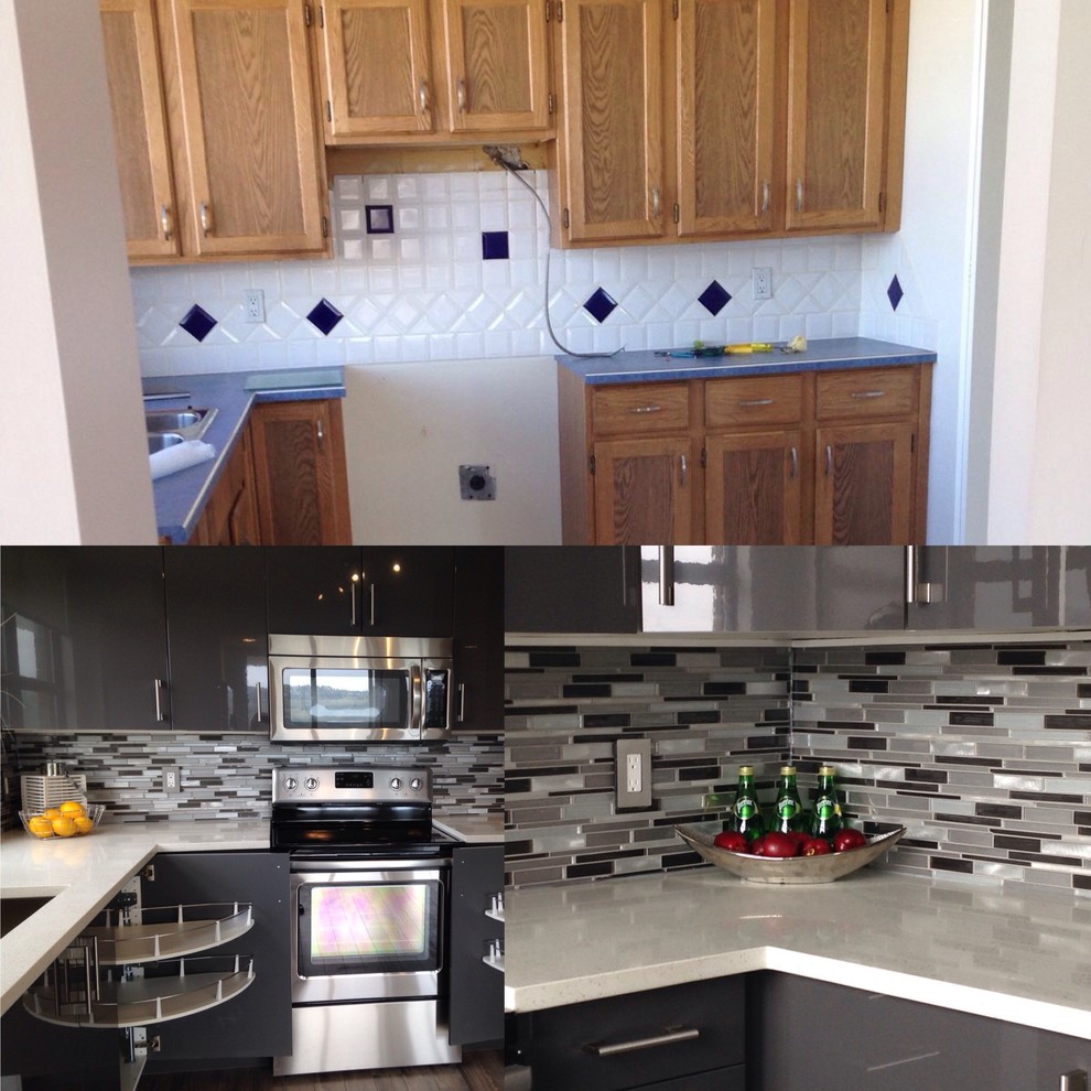 Mid-sized trendy u-shaped medium tone wood floor kitchen pantry photo with an undermount sink, flat-panel cabinets, gray cabinets, quartzite countertops, gray backsplash, glass tile backsplash, stainless steel appliances and no island