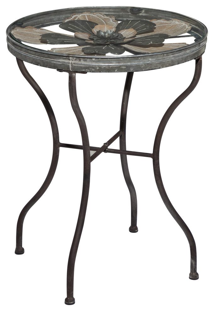 Round Silver Metal Table With Glass Top And Floral Design Inlay, 17"x24