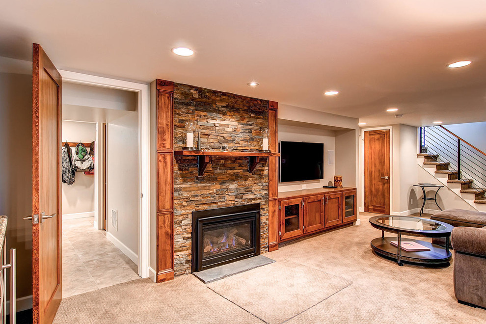 Denver Basement Family Room with Stone Fireplace ...