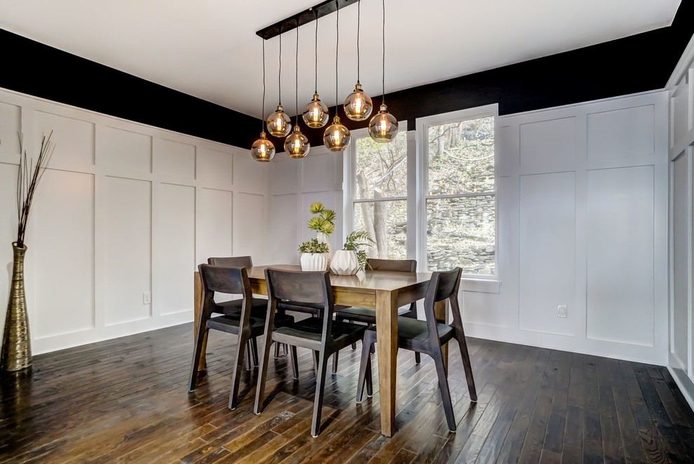 Inspiration for a mid-sized transitional dining room in Cincinnati with white walls, dark hardwood floors, no fireplace and brown floor.