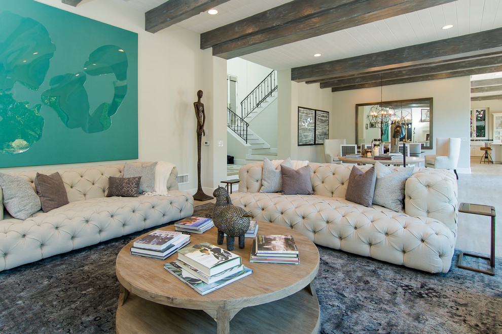 Living room - mid-sized transitional open concept living room idea in Los Angeles with white walls, no fireplace and no tv