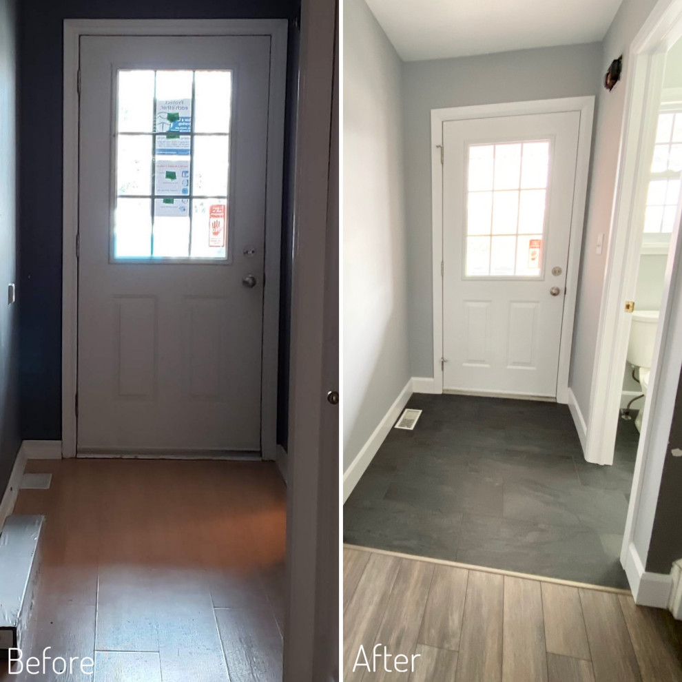 Foyer - transitional foyer idea with gray walls