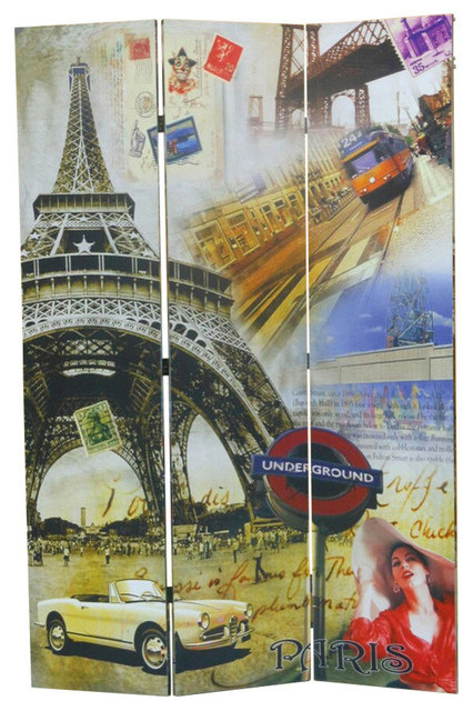 Modern French Parisian Eiffel Tower Scenery 3 Panel Room Divider Screen Shoji