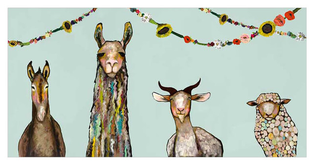 "Donkey, Llama, Goat, Sheep With Garland" Canvas Wall Art by Eli Halpin
