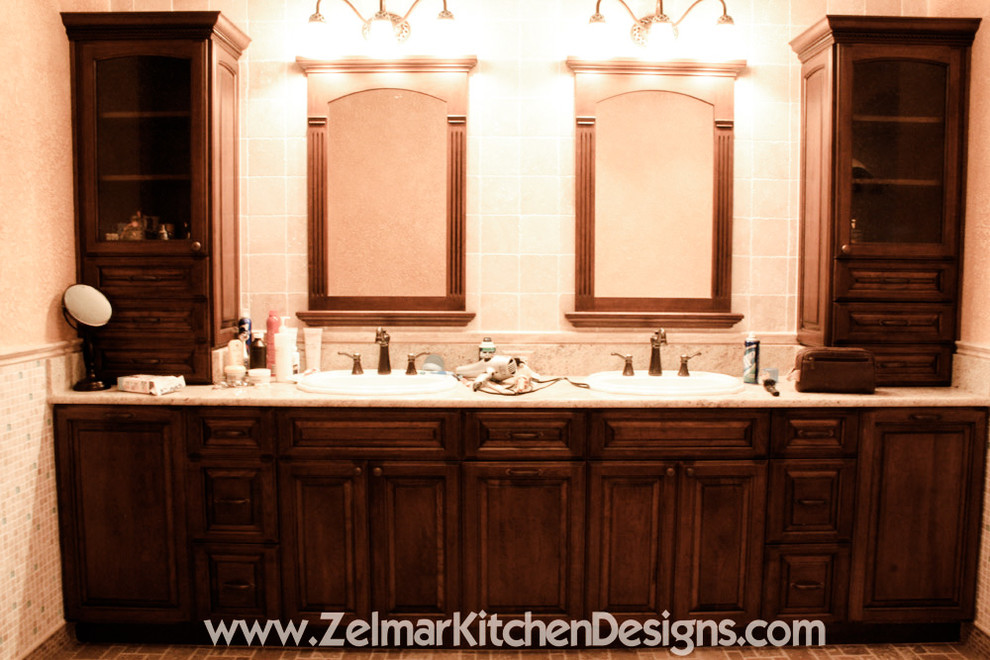 This is an example of a large traditional master bathroom in Orlando with an undermount sink, raised-panel cabinets, distressed cabinets, granite benchtops, an open shower, beige tile, stone tile and travertine floors.