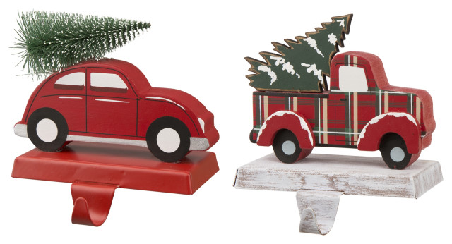 2-Piece Wooden/Metal Red Car and Truck Stocking Holder - Modern ...