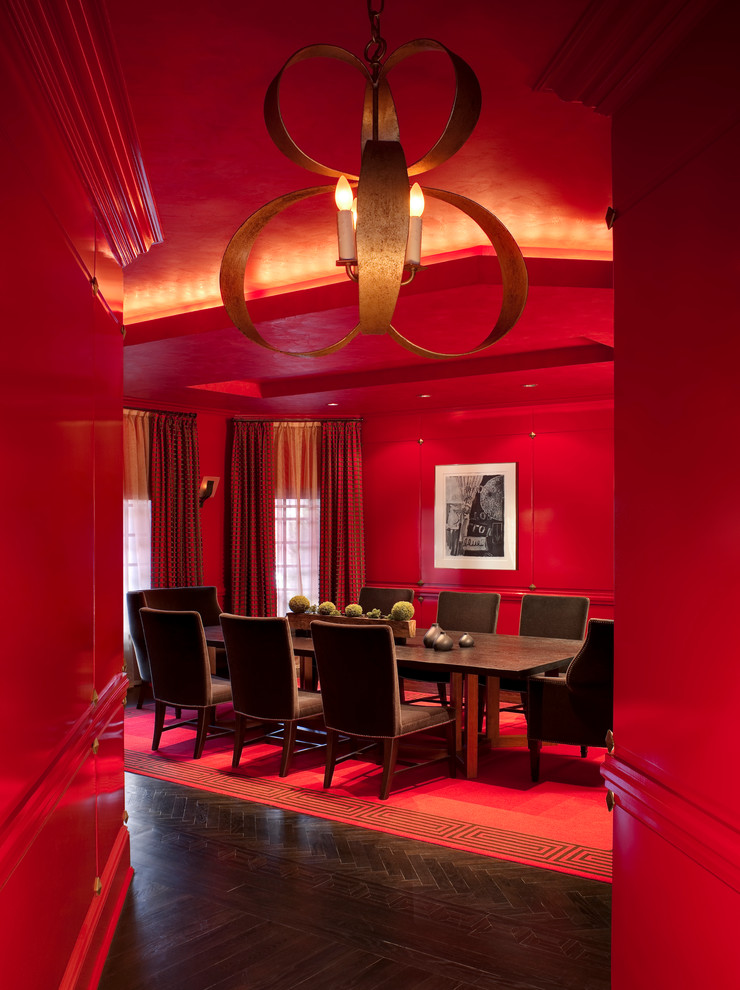 Inspiration for a contemporary dining room in New York with red walls.