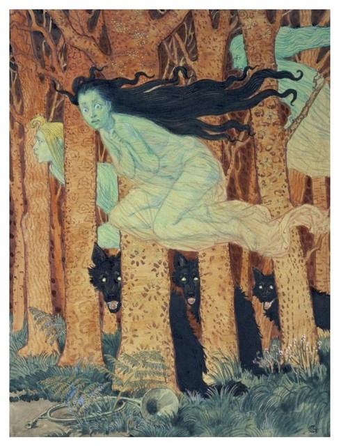 "Three Women and Three Wolves" Print by Eugene Samuel Grasset, 19"x24"
