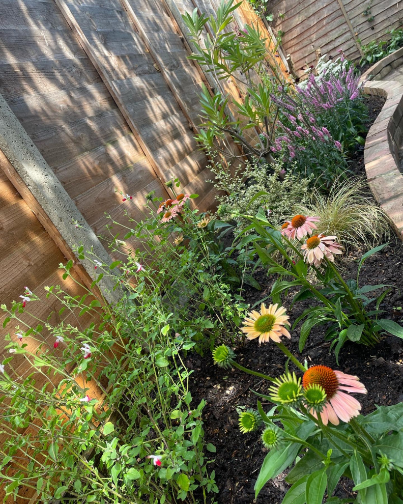 Diseño de jardín de secano de estilo americano pequeño en verano en patio trasero con macetero elevado, exposición parcial al sol, adoquines de ladrillo y con madera