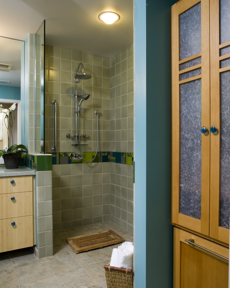 This is an example of a contemporary bathroom in San Francisco with a curbless shower.