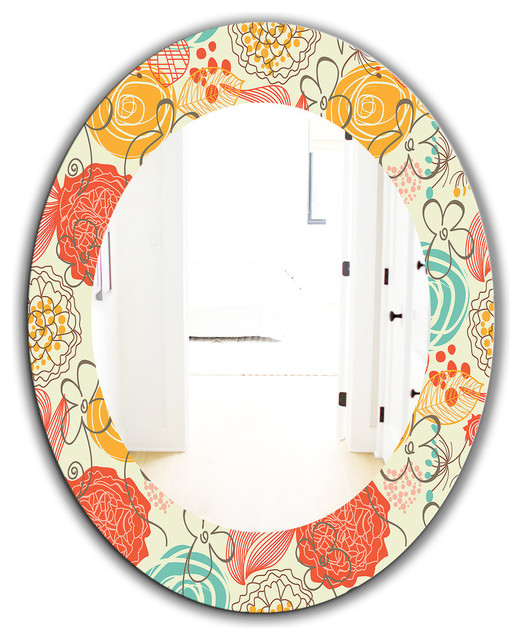 Vintage Flowers 6 Midcentury Frameless Round Wall Mirror 24x3
