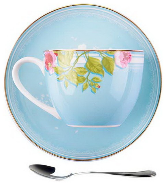 Creative Blue Rose Coffee /Tea cup & Saucer Set with spoon NEW 
