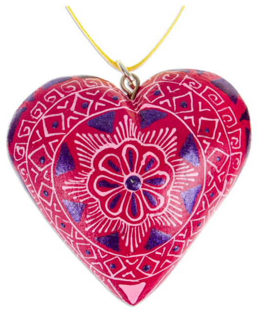 Novica Handmade Fuchsia Alebrije Heart Wood Ornament Christmas
