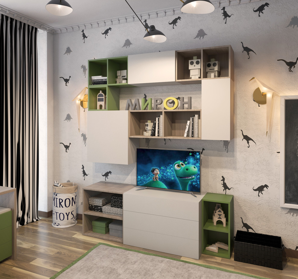 Design ideas for a mid-sized industrial kids' playroom for kids 4-10 years old and boys in Other with grey walls, light hardwood floors and beige floor.