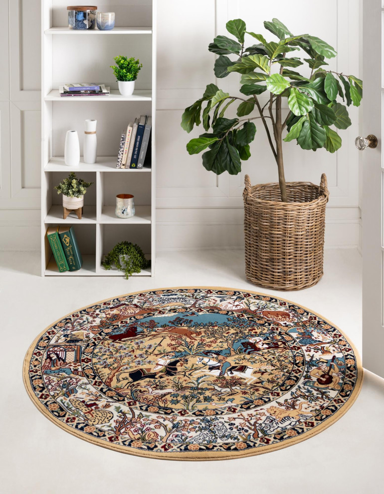 Rug Unique Loom Narenj Tan Round 5' 0 x 5' 0 Traditional Area Rugs