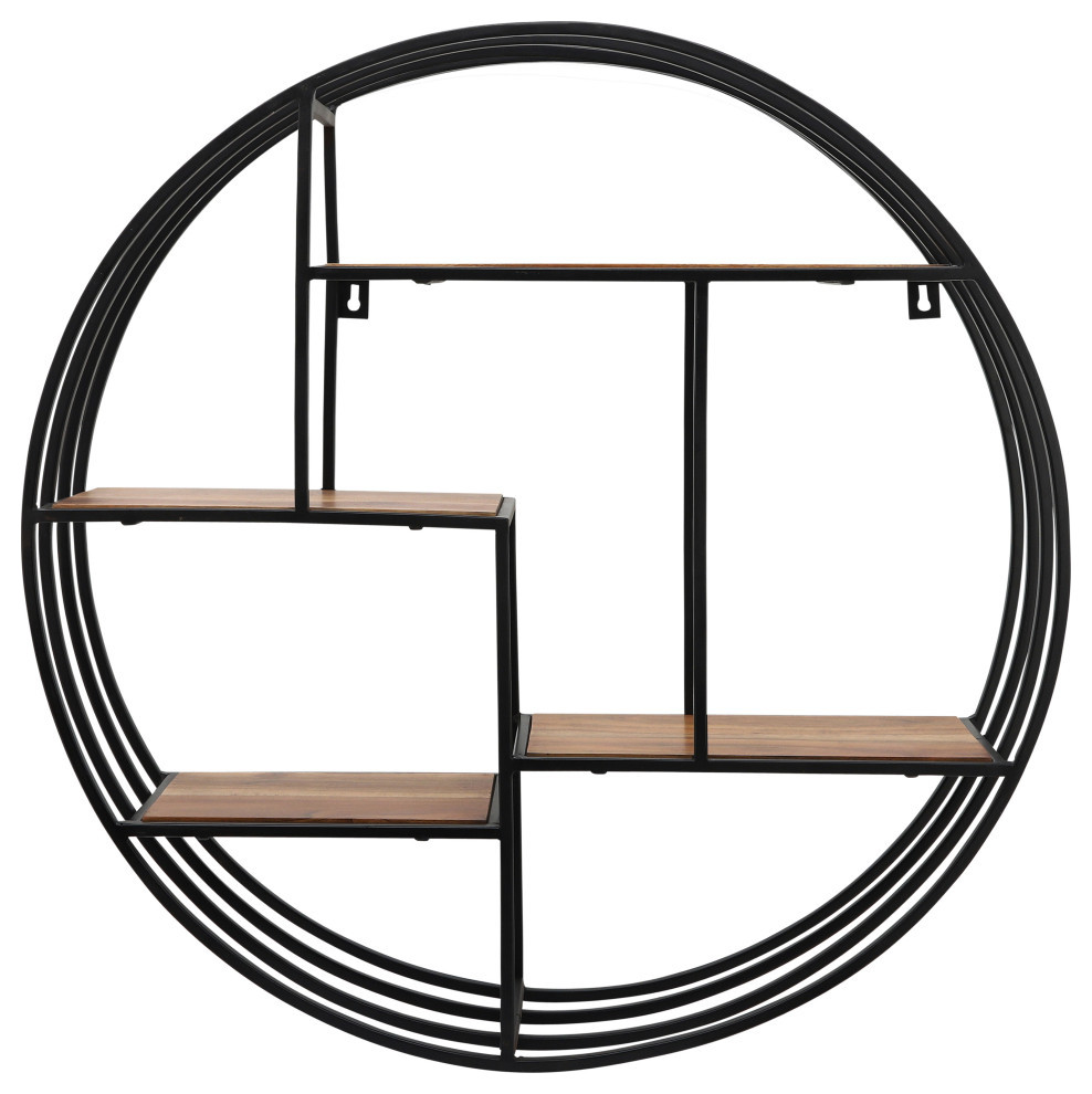 Metal/Wood, 32" 4Tier Round Wall Shelf, Brown/Black Industrial